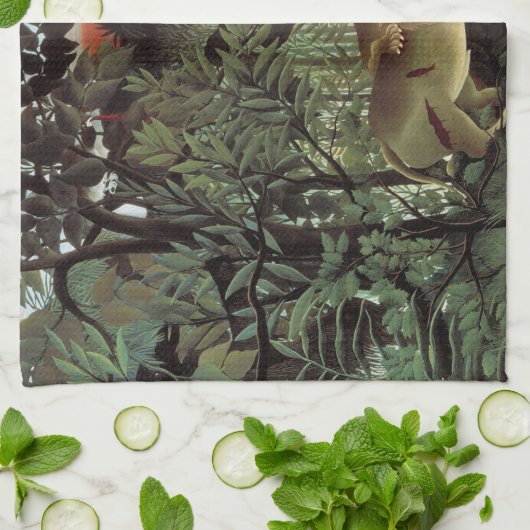 Hondenlion van Henri Rousseau,  dier in het wild Theedoek (Gevouwen)