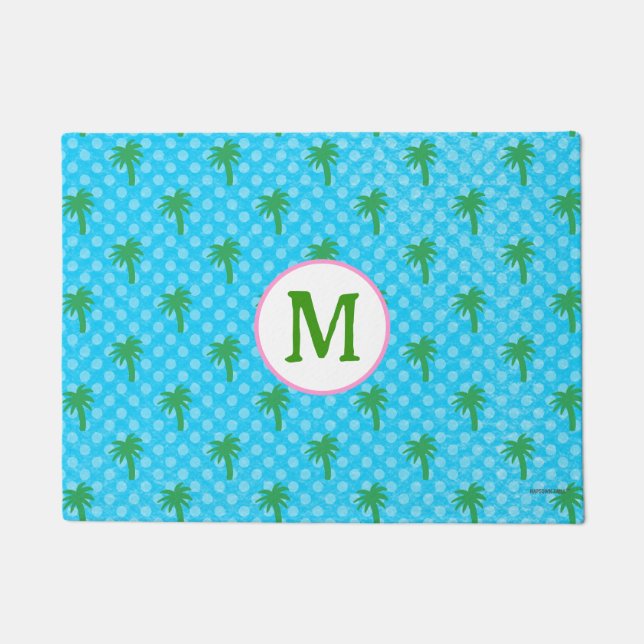 Hondenmat Coastal Blue met Groene Palm Tree Custom Deurmat (Voorkant)