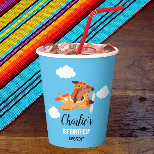 Hondenpiloot vliegt met vliegtuig, Schattigee Kind Papieren Bekers