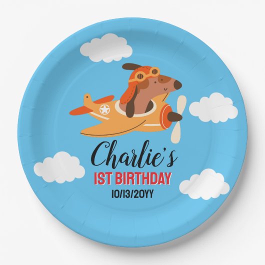 Hondenpiloot vliegt met vliegtuig, Schattigee Kind Papieren Bordje (Voorkant)