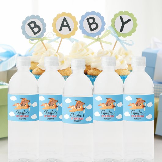 Hondenpiloot vliegt met vliegtuig, Schattigee Kind Waterfles Etiket