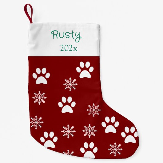 Hondenpoot en sneeuwvlokken Kerstmis Modern Rood Kleine Kerstsok (Voorkant)