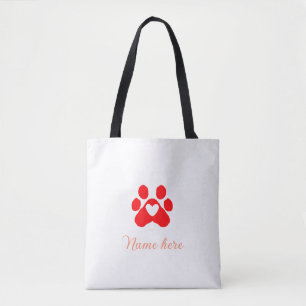 Hondenpoot rood hart huisdier naam toevoegen tekst tote bag