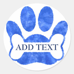 Hondenpootafdruk en bot blauwe aquarel bewerkbaar ronde sticker