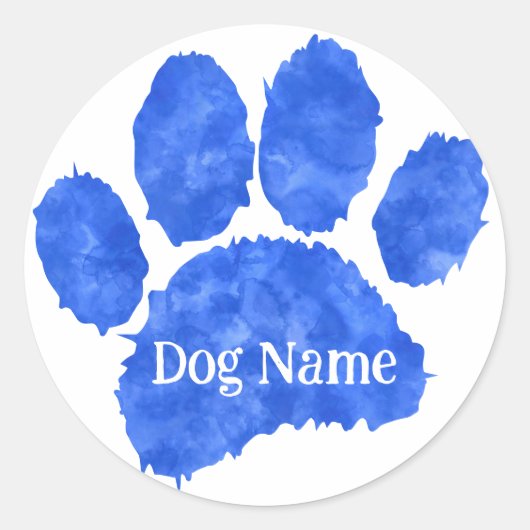 Hondenpootafdruk met aangepaste naam Blauwe waterv Ronde Sticker (Voorkant)