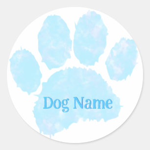 Hondenpootafdruk met aangepaste naam pastel waterv ronde sticker