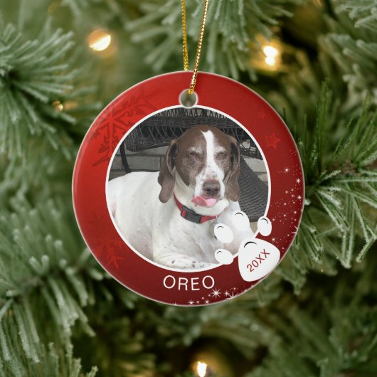 Hondenpootafdruk Rode Sneeuwvlok Sterren Foto Naam Keramisch Ornament (Boom)