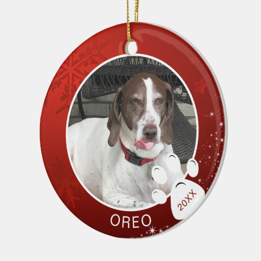 Hondenpootafdruk Rode Sneeuwvlok Sterren Foto Naam Keramisch Ornament (Links)