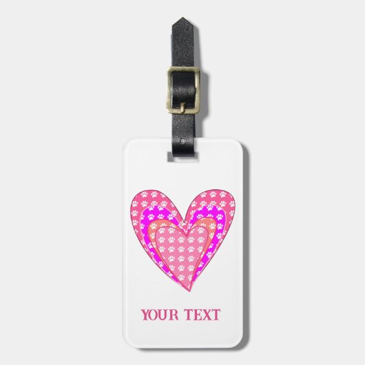 Hondenpootafdrukken en roze harten bagagelabel (Voorkant verticaal)