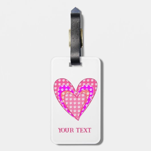 Hondenpootafdrukken en roze harten bagagelabel (Achterkant verticaal)