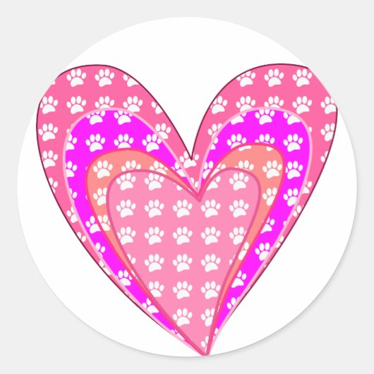 Hondenpootafdrukken en roze harten ronde sticker (Voorkant)
