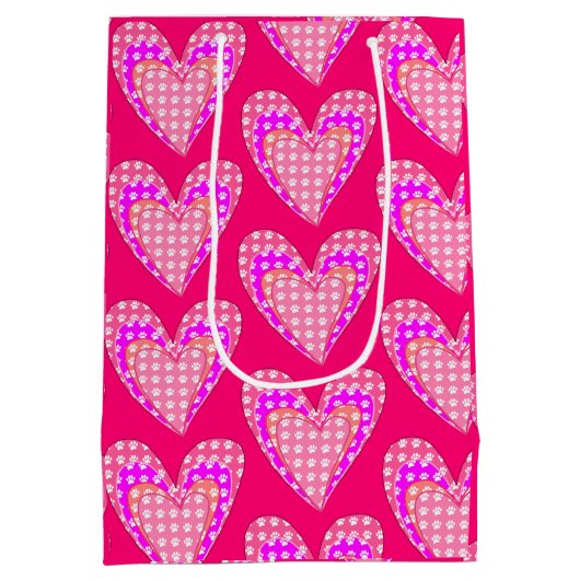 Hondenpootafdrukken en roze hartenpatroon medium cadeauzakje (Achterkant)