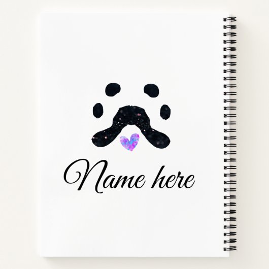 Hondenpootje zwart huisdier naam tekst dierenpootj notitieboek (Achterkant)
