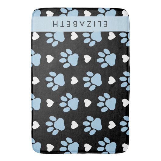 Hondenpoten, blauwe poten, witte harten, Jouw naam Badmat (Voorkant Verticaal)