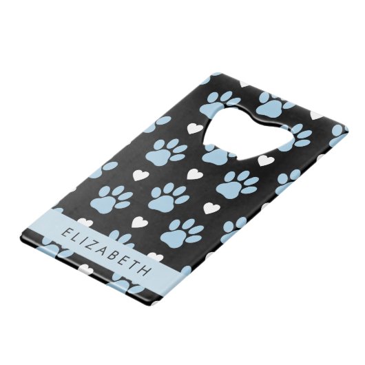 Hondenpoten, blauwe poten, witte harten, Jouw naam Creditkaart Flessenopener (Voorkant Gekanteld)