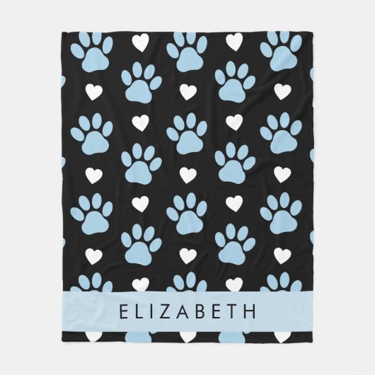 Hondenpoten, blauwe poten, witte harten, Jouw naam Fleece Deken (Voorkant)