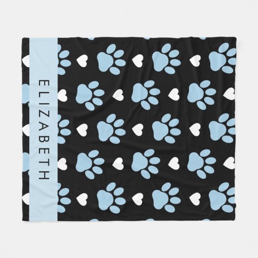 Hondenpoten, blauwe poten, witte harten, Jouw naam Fleece Deken (Voorkant (Horizontaal))