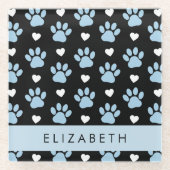 Hondenpoten, blauwe poten, witte harten, Jouw naam Glazen Onderzetter (Voorkant)
