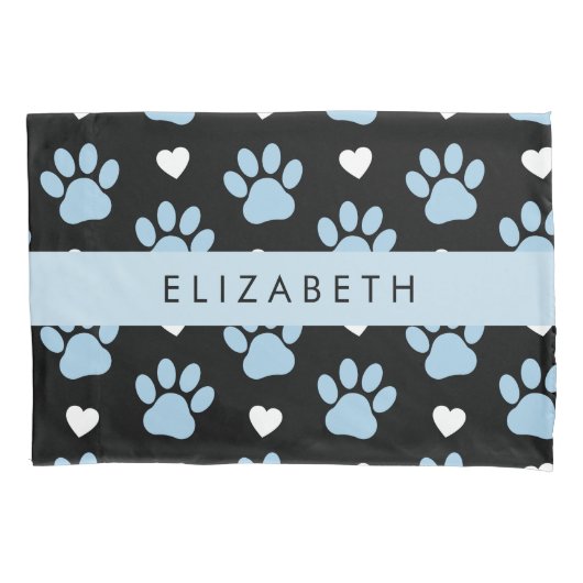 Hondenpoten, blauwe poten, witte harten, Jouw naam Kussensloop (Voorkant)