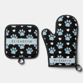 Hondenpoten, blauwe poten, witte harten, Jouw naam Ovenwant & Pannenlap Set (Voorkant)