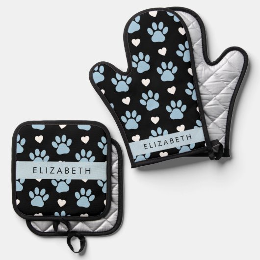 Hondenpoten, blauwe poten, witte harten, Jouw naam Ovenwant & Pannenlap Set (Voorkant / Achterkant)