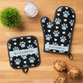 Hondenpoten, blauwe poten, witte harten, Jouw naam Ovenwant & Pannenlap Set (Top down)