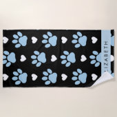 Hondenpoten, blauwe poten, witte harten, Jouw naam Strandlaken (Voorkant)