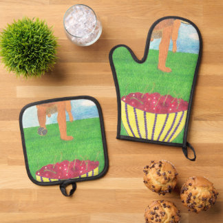 Hondenpoten en kers ovenwant & pannenlap set