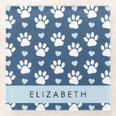 Hondenpoten, witte poten, blauwe harten, Jouw naam Glazen Onderzetter (Voorkant)