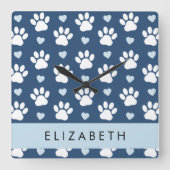 Hondenpoten, witte poten, blauwe harten, Jouw naam Vierkante Klok (Voorkant)