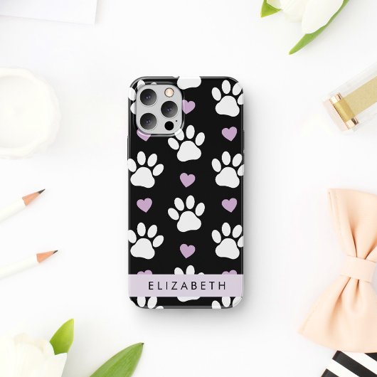 Hondenpoten, witte poten, Lila harten, Jouw naam Case-Mate iPhone Case