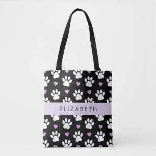 Hondenpoten, witte poten, Lila harten, Jouw naam Tote Bag