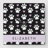 Hondenpoten, witte poten, Lila harten, Jouw naam Vierkante Klok (Voorkant)