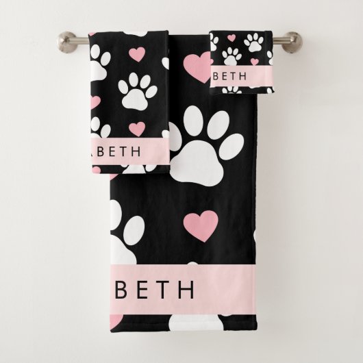 Hondenpoten, witte poten, roze harten, Jouw naam Bad Handdoek (Insitu)