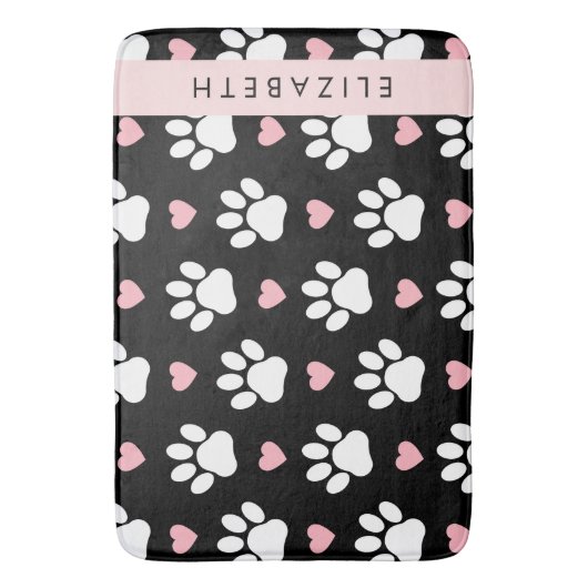 Hondenpoten, witte poten, roze harten, Jouw naam Badmat (Voorkant Verticaal)