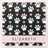 Hondenpoten, witte poten, roze harten, Jouw naam Glazen Onderzetter (Voorkant)