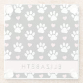 Hondenpoten, witte poten, roze harten, Jouw naam Glazen Onderzetter (Achterkant)