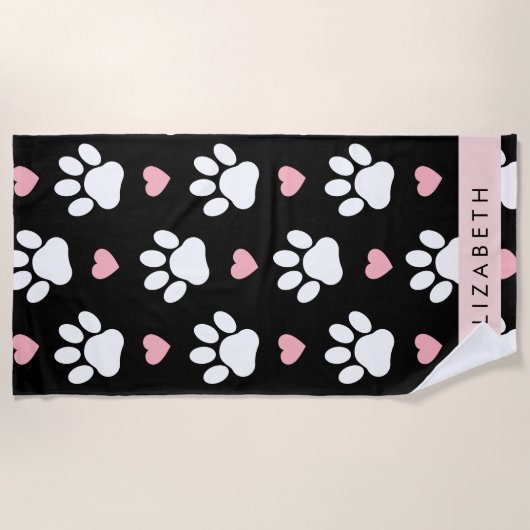 Hondenpoten, witte poten, roze harten, Jouw naam Strandlaken (Voorkant)