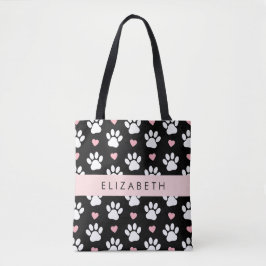 Hondenpoten, witte poten, roze harten, Jouw naam Tote Bag