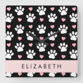 Hondenpoten, witte poten, roze harten, Jouw naam Vierkante Klok (Voorkant)
