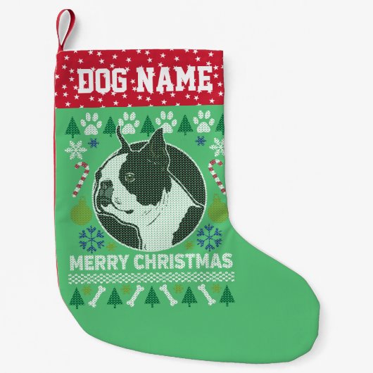 Hondenras Boston Terrier Ugly KerstSweater Kleine Kerstsok (Voorkant)