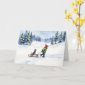 Hondenslee Waterverf Kerstwinter Kaart (Gele Bloem)