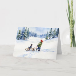 Hondenslee Waterverf Kerstwinter Kaart