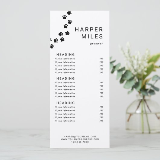 Hondentrimmer pootpad prijslijst of servicekaart kaart (Staand voorkant)