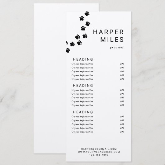 Hondentrimmer pootpad prijslijst of servicekaart kaart (Voorkant / Achterkant)