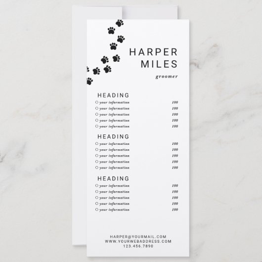 Hondentrimmer pootpad prijslijst of servicekaart kaart (Voorkant)