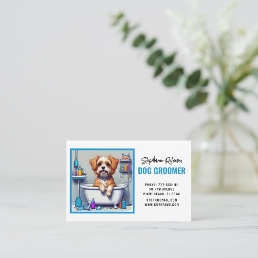 Hondentrimmer Schattige Puppy Blauw Visitekaartje (Staand voorkant)