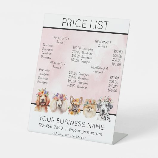 Hondenverzorging bloem waterverf service prijslijs reclamebord met voetstuk (Voorkant)