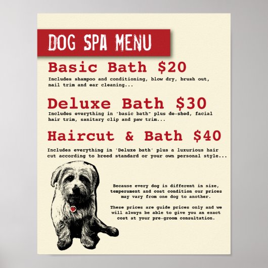 Hondenverzorgingsspa Menu - Personaliseerbaar Poster (Voorkant)