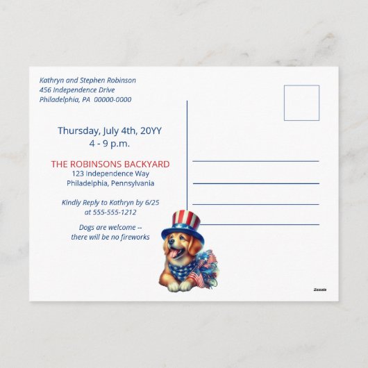 Hondenvriendelijk Geen Vuurwerk 4 juli BBQ Party Feestdagenkaart (Achterkant)